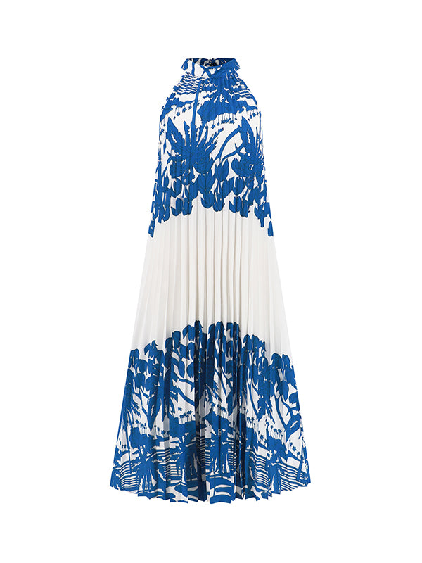 Hollow Pleated Printed Tied A-Line Loose Mock Neck Midi Dresses