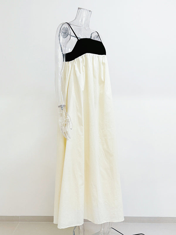 Contrast Color Pleated Split-Joint A-Line Loose Spaghetti-Neck Maxi Dresses