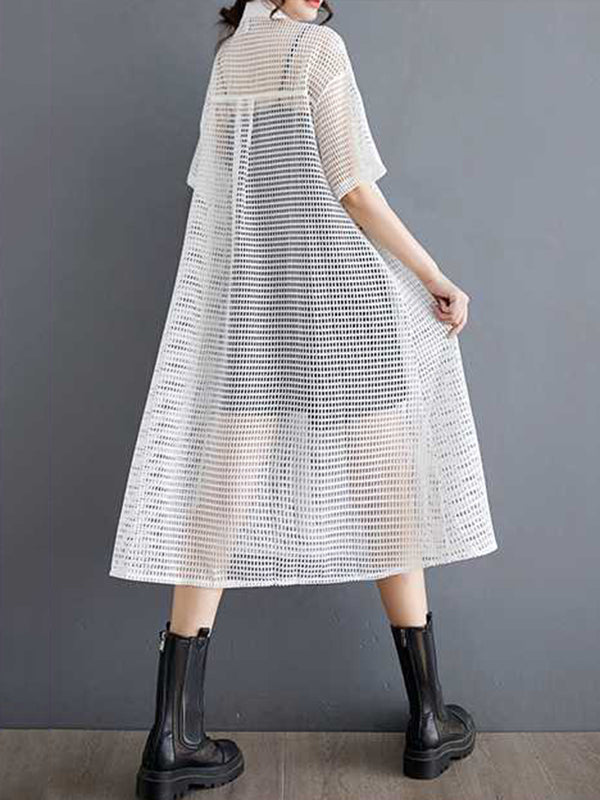 Hollow Solid Color Split-Joint Zipper Half Sleeves Loose Lapel Shirt Dress Midi Dresses