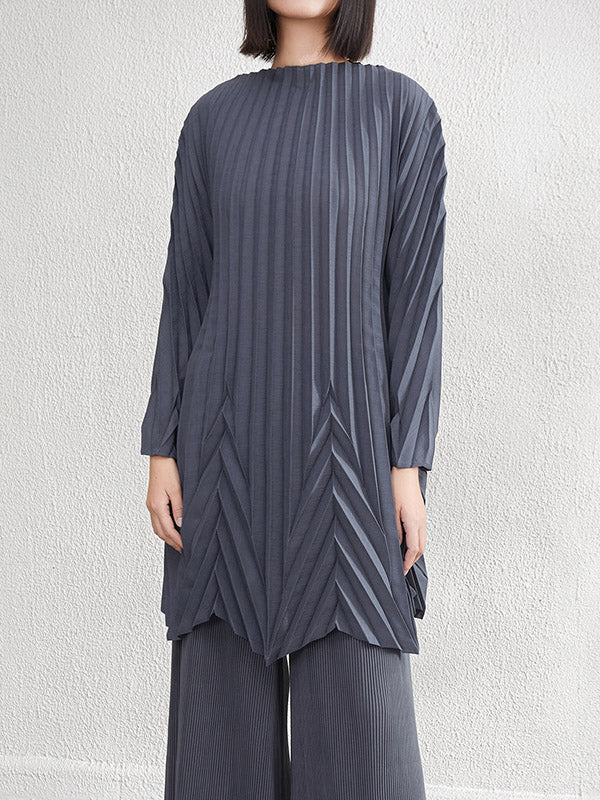 Pleated Solid Color A-Line Long Sleeves Round-Neck Mini Dresses