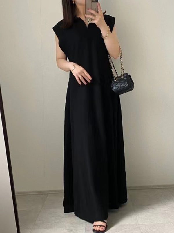 Pleated Solid Color Loose Raglan Sleeve Lapel Maxi Dresses