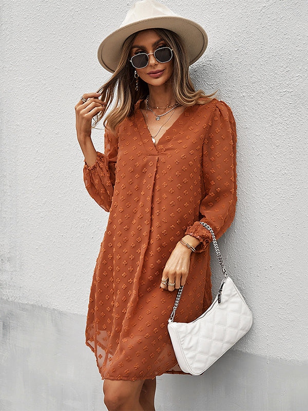Vacation Loose Solid Color V-Neck Dress