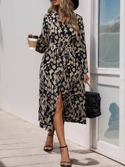 Printed Split-Joint Tied Waist Long Sleeves Loose Lapel Shirt Dress Midi Dresses