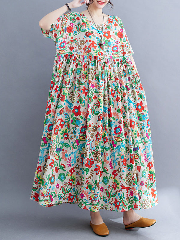 Pleated Printed Split-Joint Loose Short Sleeves Round-Neck Midi Dresses