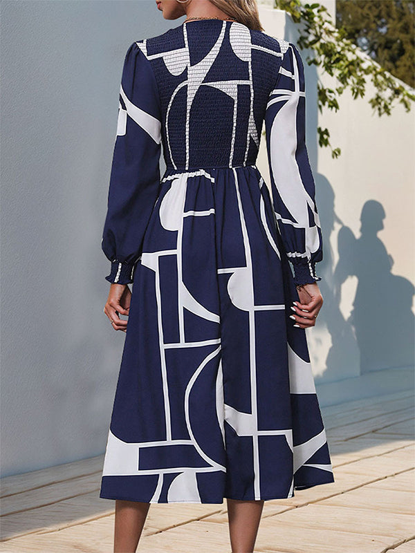 Elasticity Printed Split-Joint A-Line High Waisted Round-Neck Midi Dresses