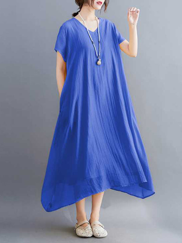 Solid Color A-Line Loose V-Neck Midi Dresses