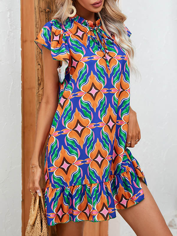 Hollow Pleated Printed Split-Joint Tied A-Line High Waisted Round-Neck Mini Dresses
