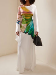 Floral Printed Long Sleeves Loose Round-neck Maxi Dresses