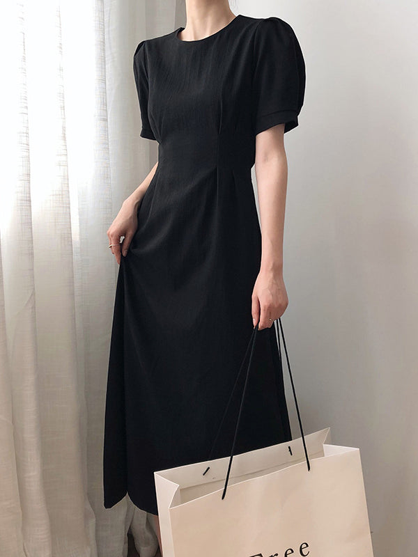 Original Creation Loose Short Sleeves Solid Color Round-Neck Midi Dresses