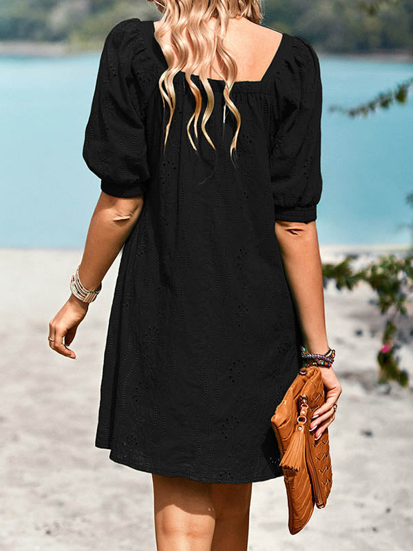 Jacquard Solid Color Loose Puff Sleeves Square-neck Mini Dresses