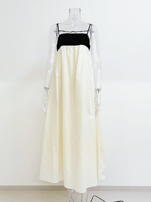 Contrast Color Pleated Split-Joint A-Line Loose Spaghetti-Neck Maxi Dresses