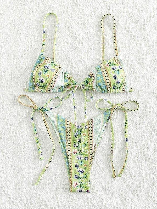 Ethnic Floral Lace Up Bikini Set