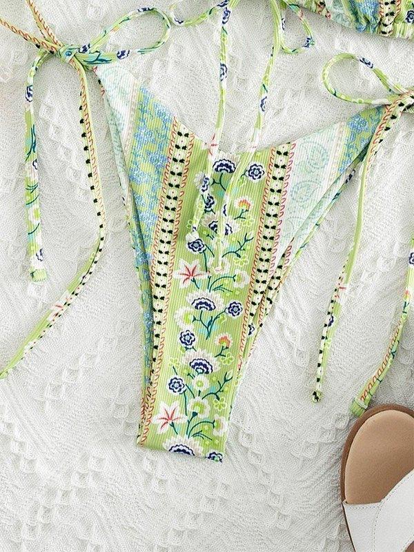 Ethnic Floral Lace Up Bikini Set