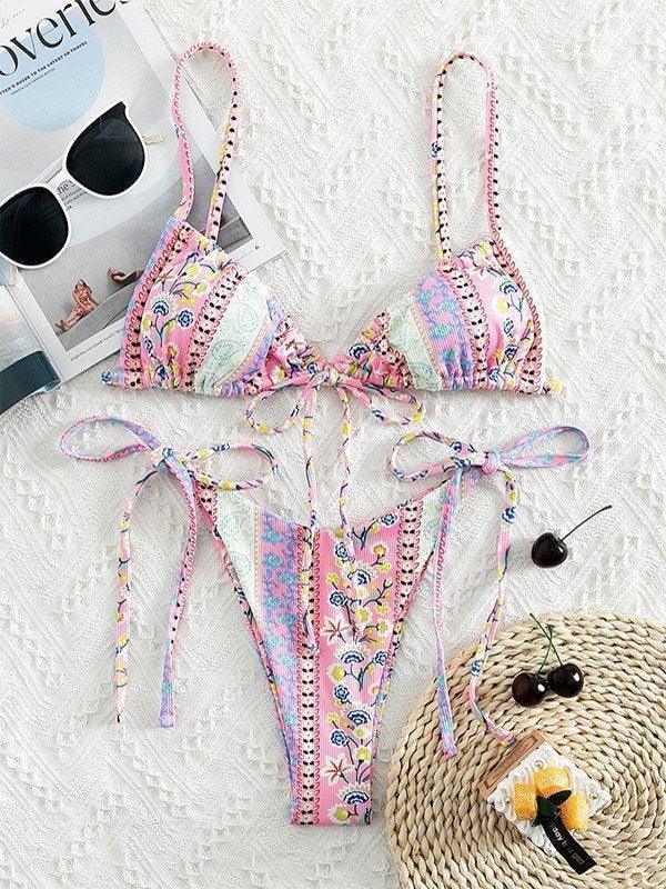 Ethnic Floral Lace Up Bikini Set