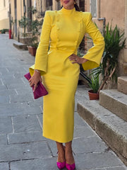 Buttoned Solid Color Flared Sleeves High Waisted Mock Neck Midi Dresses