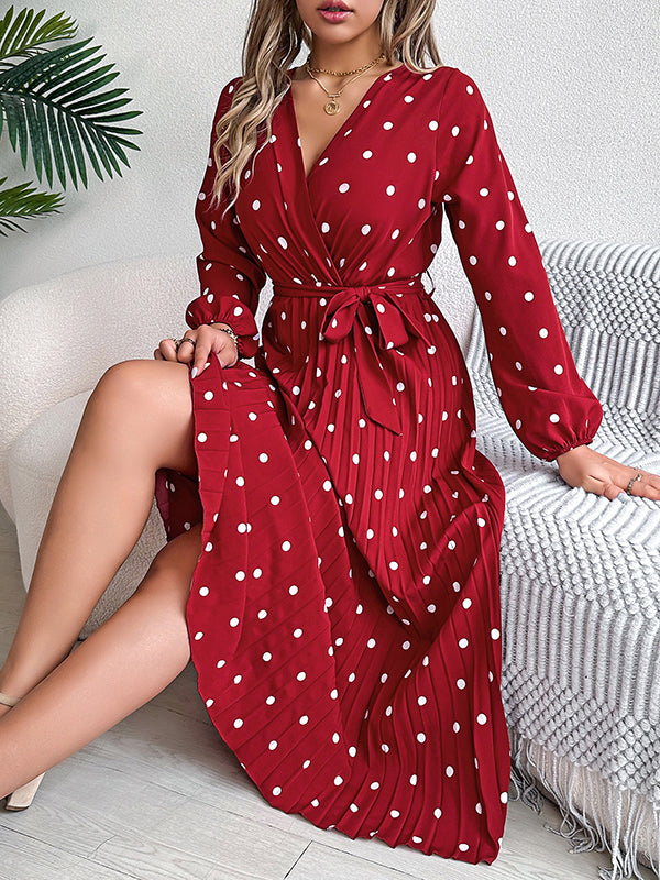 Elasticity Pleated Polka-Dot Split-Joint Tied Waist A-Line High Waisted V-Neck Shirt Dress Midi Dresses