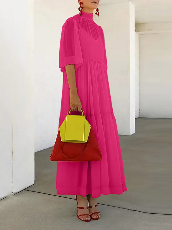 Mesh Pleated Solid Color Split-Joint Loose Plus Size Mock Neck Two Pieces Set Maxi Dresses