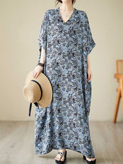 Printed Batwing Sleeves Loose V-Neck Maxi Dresses