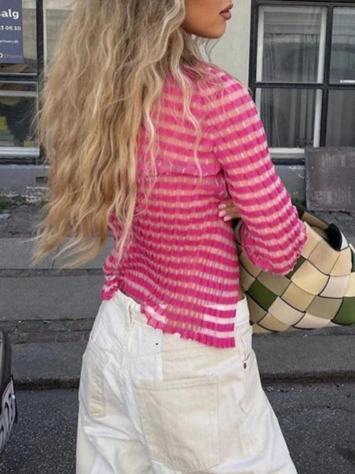 Lace Up Striped Ribbed Knit Top