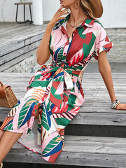 Buttoned Pleated Printed Tied Waist Raglan Sleeve Short Sleeves Lapel Shirt Dress Midi Dresses