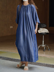 Drawstring Lace-Up Pleated Solid Color Loose Raglan Sleeve Round-Neck Midi Dresses