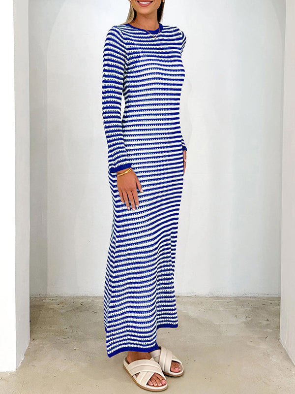 Contrast Color Striped Tied High Waisted Long Sleeves Round-Neck Sweater Dresses Midi Dresses