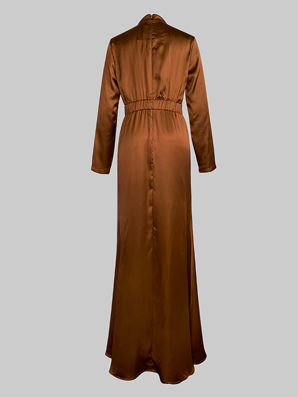 Pleated Shiny Solid Color Split-Joint Tied Waist Long Sleeves Loose High Neck Maxi Dresses Evening Dresses
