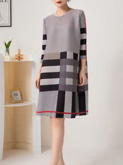 Contrast Color Plaid Pleated A-Line Loose Round-Neck Mini Dresses