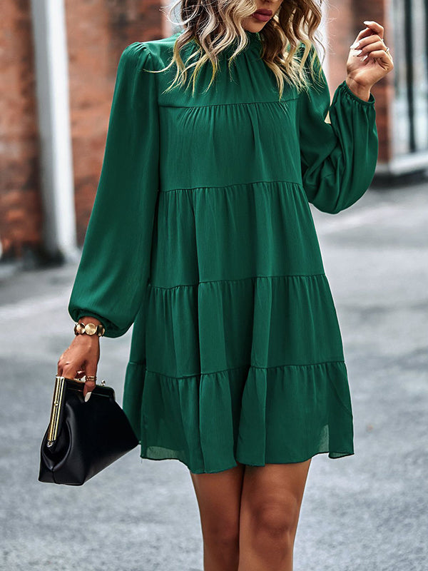 Elasticity Pleated Solid Color Split-Joint Tied A-Line Bishop Sleeve Mock Neck Mini Dresses