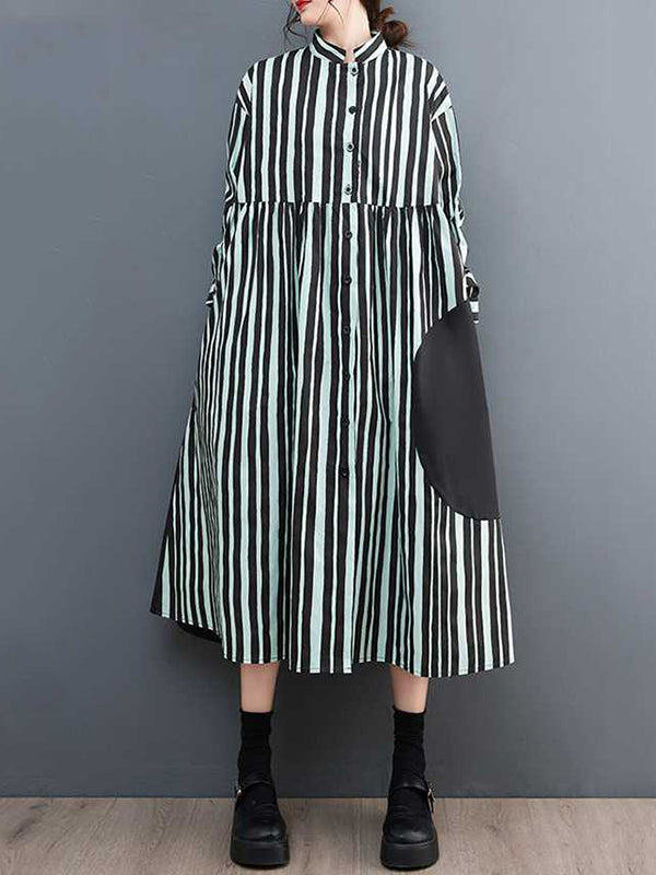 Buttoned Split-Joint Striped Long Sleeves Loose Mock Neck Midi Dresses
