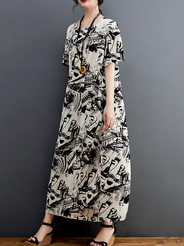 Abstract Printed Half Sleeves Loose Round-Neck Midi Dresses