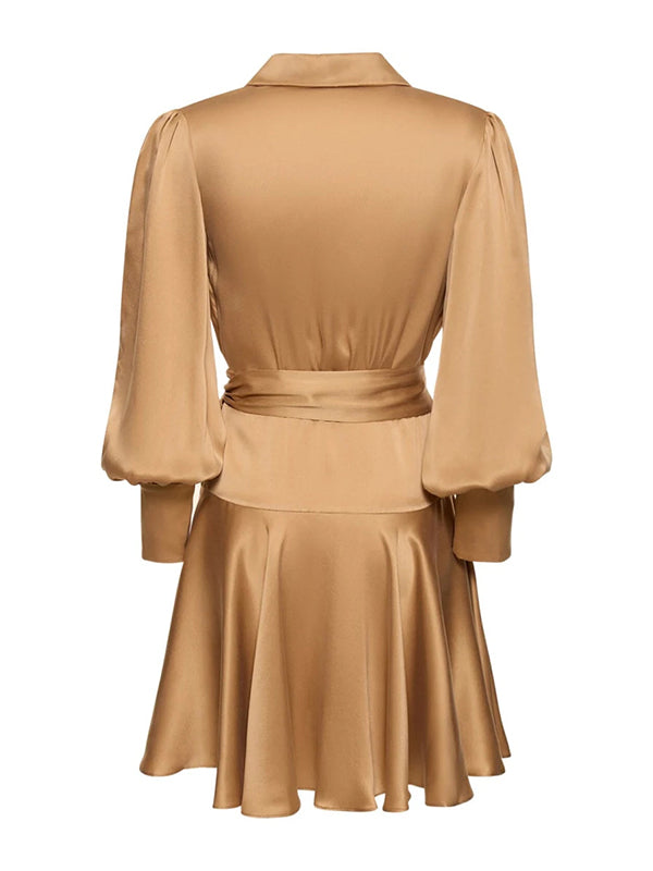 Solid Color Ruffled Long Sleeves Satin Elegant Mini Dresses
