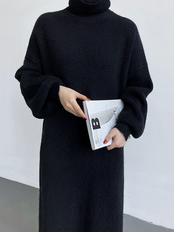 Urban Loose Puff Sleeves Solid Color High-Neck Sweater Dresses