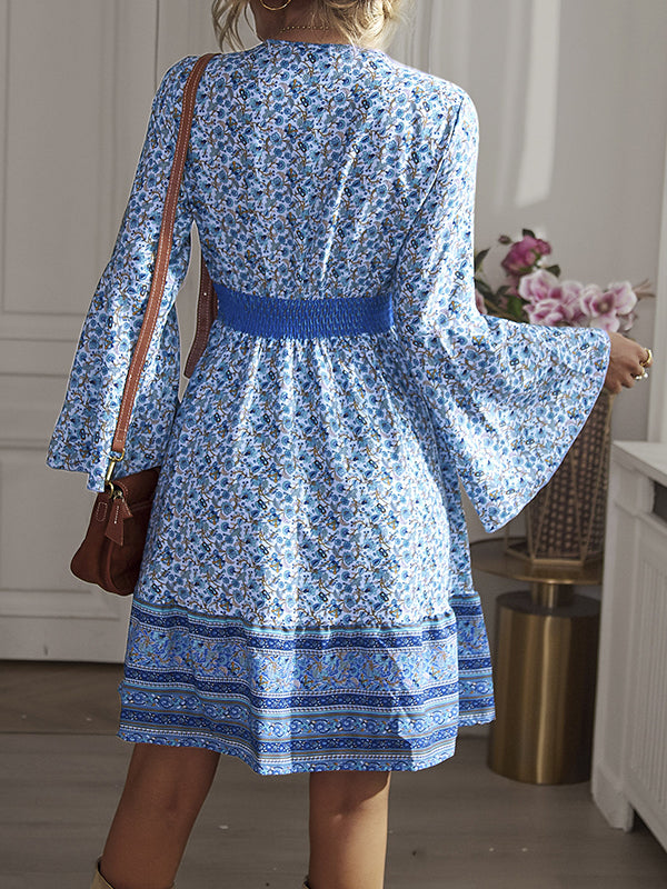 Bohemia High Waisted Long Sleeves Floral Printed V-Neck Maxi Dress