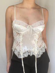 White Satin Lace Spliced Ruffles Crop Top