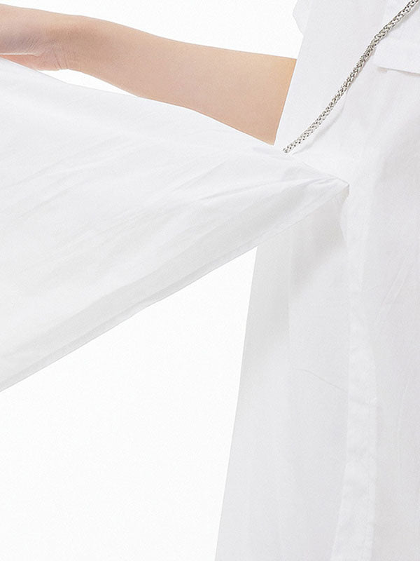 Solid Color Streamer Loose Short Sleeves Round-neck Midi Dresses