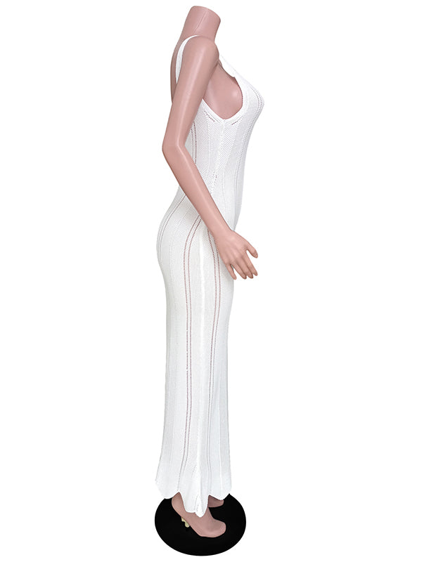 Backless Hollow See-Through Solid Color Split-Joint Skinny Sleeveless Wide Straps Maxi Dresses