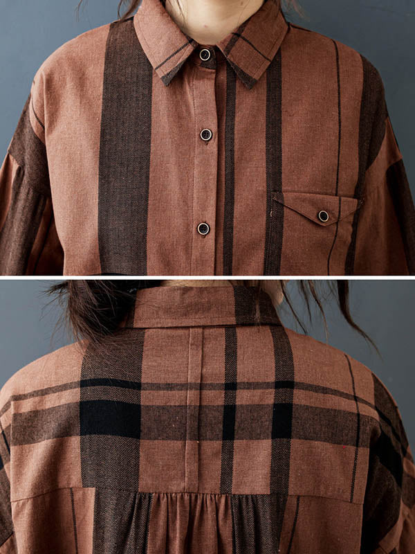 Vintage Solid Long Sleeve Pleats Blouse Shirt Dress