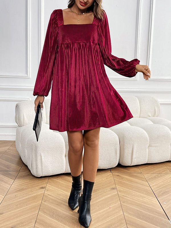Pleated Shiny Solid Color Tied Velvet A-Line Long Sleeves Square-Neck Mini Dresses