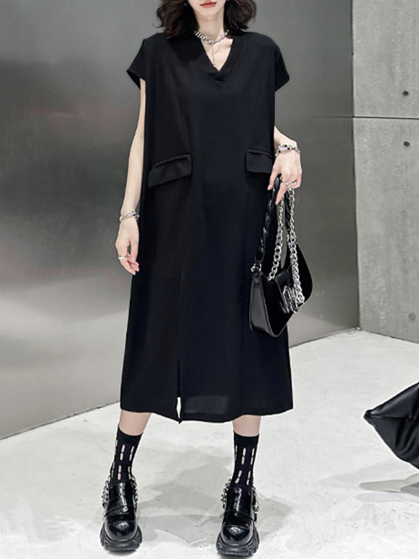 Asymmetric Solid Color Split-Joint Split-Side Loose Short Sleeves V-Neck Midi Dresses