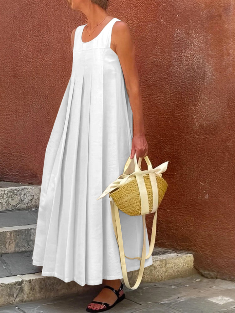 Pleated Solid Color Loose Sleeveless Round-neck Maxi Dresses