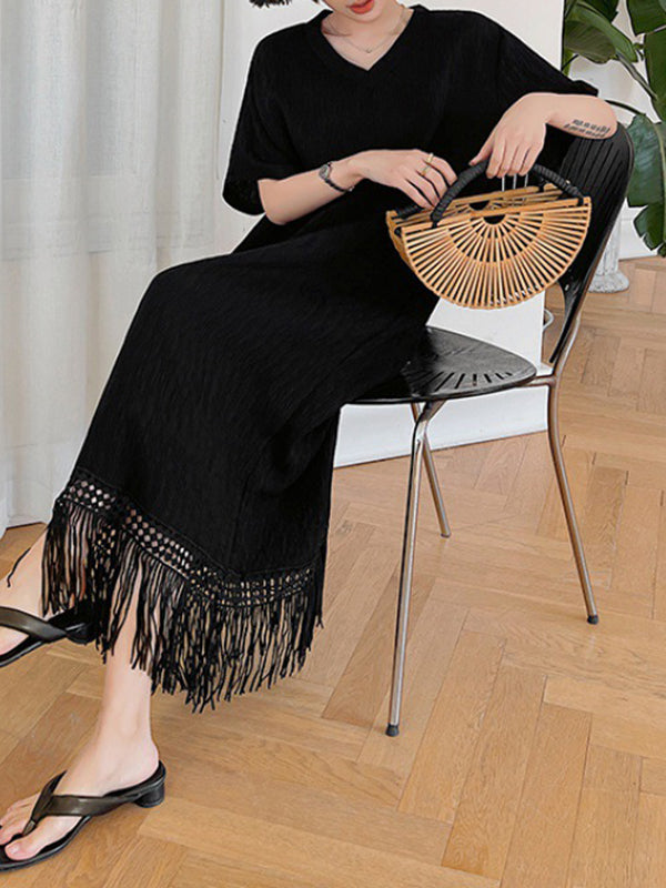 Solid Color Split-Joint Tasseled Loose Short Sleeves V-Neck Midi Dresses