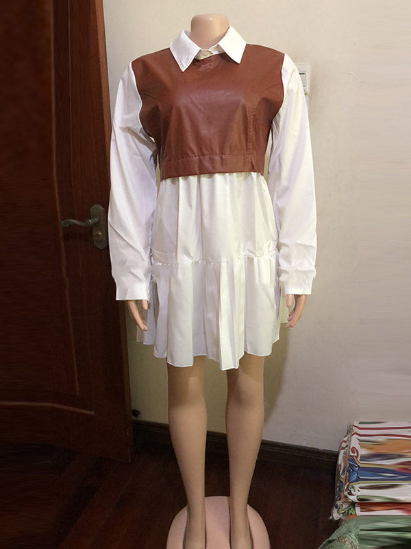 Contrast Color Pleated Split-Joint Long Sleeves Loose Lapel Mini Dresses