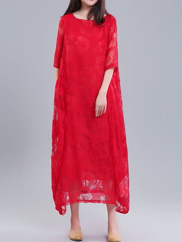 Flower Print See-Through Solid Color A-Line Half Sleeves Round-Neck Midi Dresses