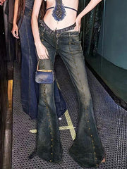 Low Rise Studded Slim-Fit Washed Boot-Cut Jeans