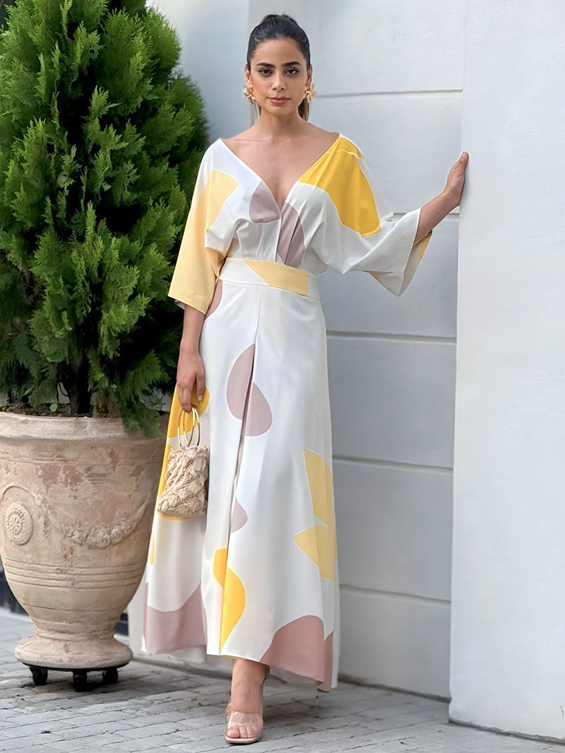 High-Waisted Printed Loose Raglan Sleeve Deep V-Neck Maxi Dresses