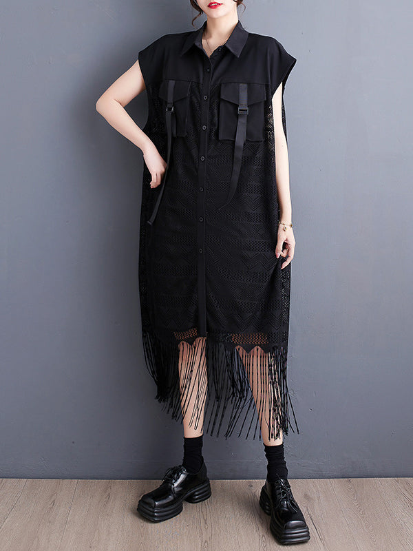 Gauze Pockets Split-Joint Tasseled Short Sleeves Lapel Midi Dresses