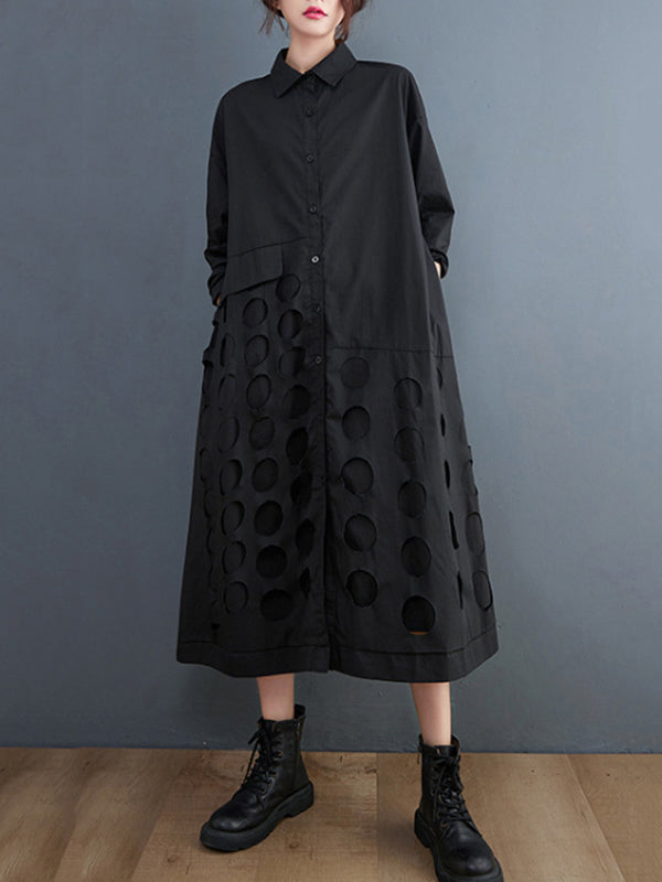 Asymmetric Hollow Polka-Dot Solid Color A-Line Long Sleeves Lapel Midi Dresses