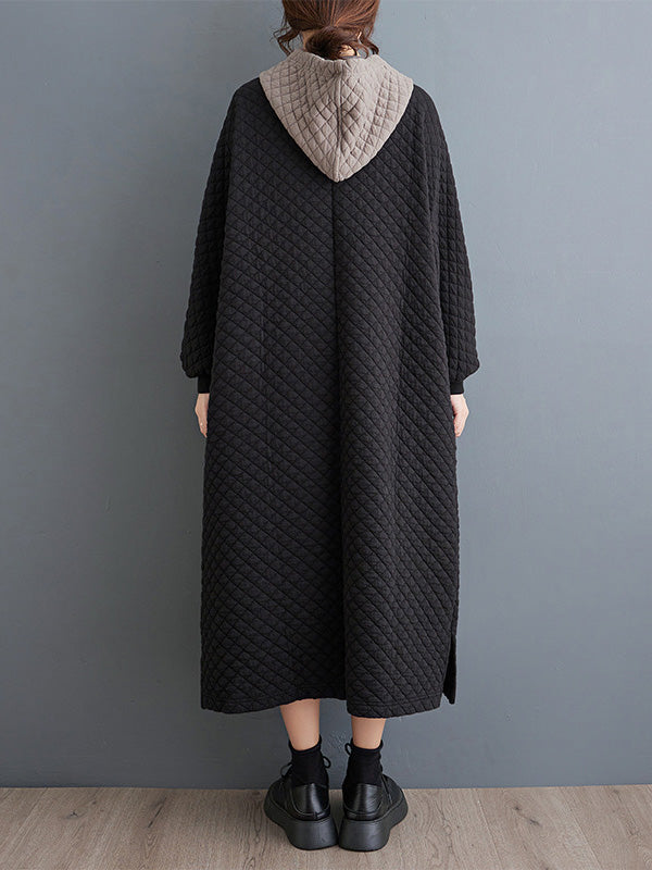 Hooded Quilted Split-Side A-Line Long Sleeves Midi Dresses