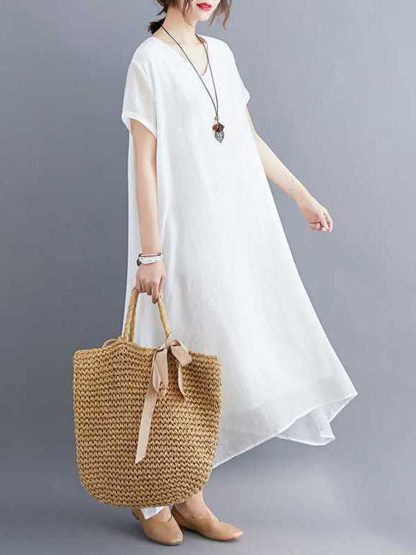 Solid Color A-Line Loose V-Neck Midi Dresses